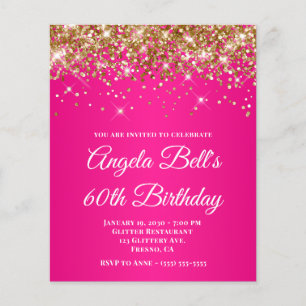 Flyer Cumpleaños 60 Glitter Dorado Rosa Caliente Ombre
