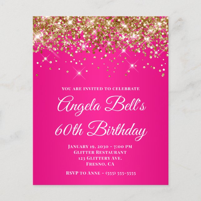 Flyer Cumpleaños 60 Glitter Dorado Rosa Caliente Ombre (Frente)