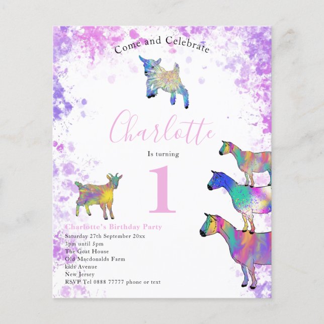 Flyer Cumpleaños de Niñas de Un Año Acuarela Cabras Pres (Frente)