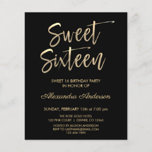 Flyer Cumpleaños de Presupuesto Dorado y Negro Dieciséis