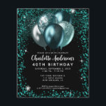 Flyer Cumpleaños del Purpurina negro verde presupuestal<br><div class="desc">Moderno Glam Verde azulado Verde Negro Purpurina Esparkle Balón Elegante Elegante Invitación de cumpleaños</div>