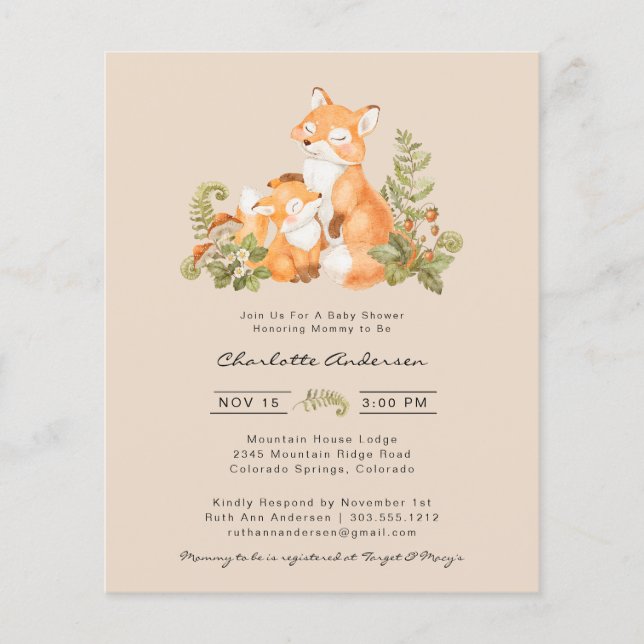 Flyer Curte Baby Fox Woodland Baby Shower Invitación (Frente)