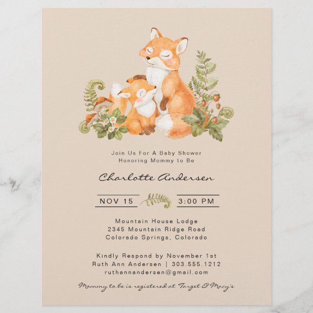 Flyer Curte Baby Fox Woodland Baby Shower Invitación (Frente)