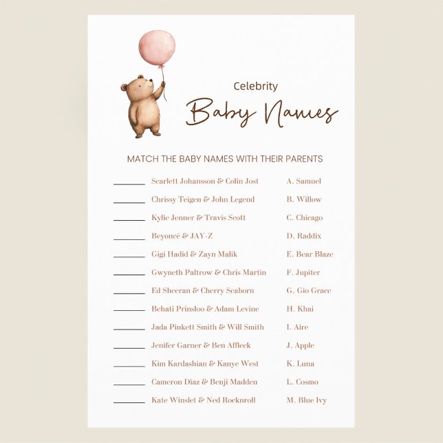 Flyer Cute Bear Balloon Baby Shower Celebrity Names Game (Subido por el creador)