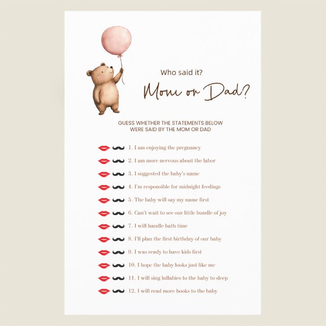 Flyer Cute Bear "Mom or Dad?" Baby Shower Game (Subido por el creador)