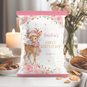 Flyer Cute Deer Pink Floral Cumpleaños Chip Bolsa Wrappe