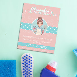 Flyer Dama De Limpieza Personalizado Punto Rosa Y Polka 