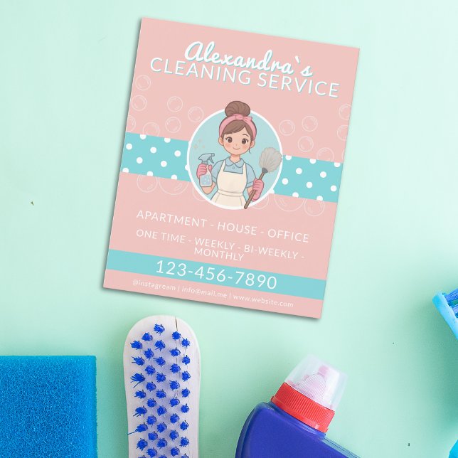Flyer Dama De Limpieza Personalizado Punto Rosa Y Polka  (Cleaning Lady Cartoon Pink And Teal Polka Dot Flyer)