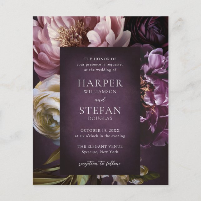 Flyer Dark Purple Fine Art Floral Wedding Invitation (Frente)