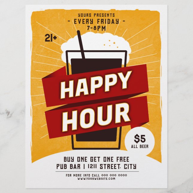 Flyer de bar de cerveza Happy Hour (Frente)