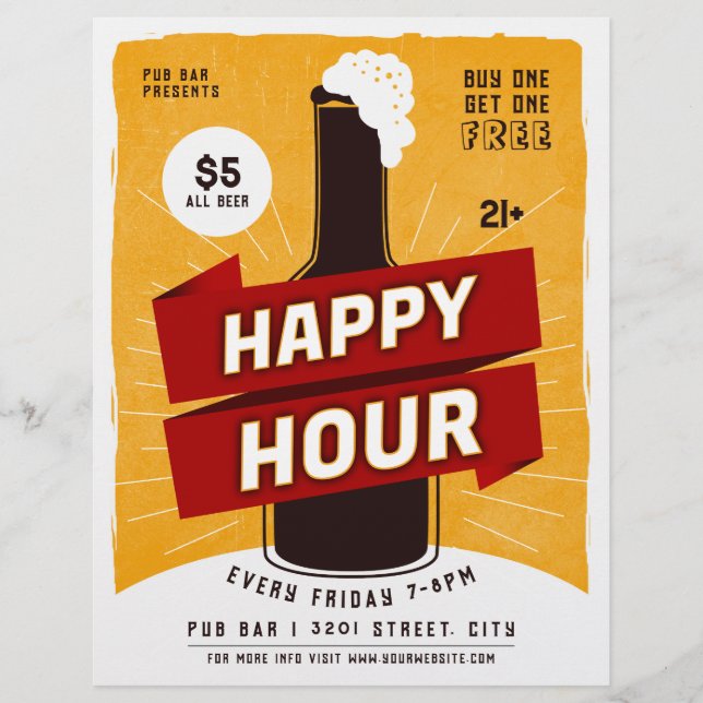 Flyer de bar de cerveza Happy Hour (Frente)