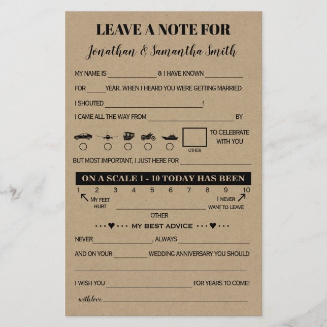 Flyer Dejar una nota a la tarjeta de juego de Boda para  (Frente)