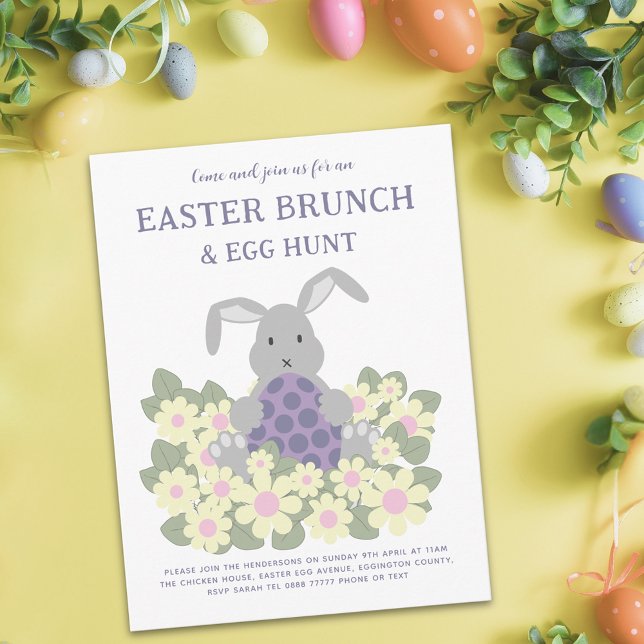 Flyer Desayuno de búsqueda de huevos de Pascua Conejo li (Easter egg hunt spring brunch cute bunny floral budget invitation)