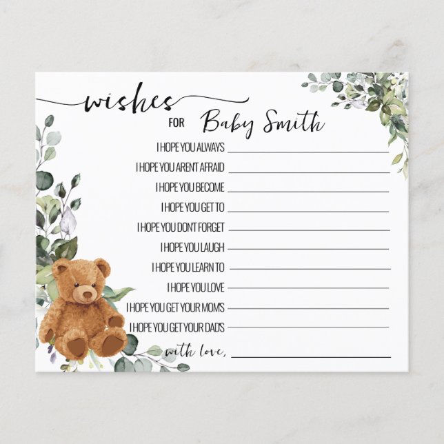 Flyer Deseos de la tarjeta de Baby Shower Baby Bear Gree (Frente)