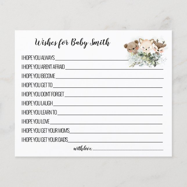 Flyer Deseos para la tarjeta de Baby Shower Baby Woodlan (Frente)