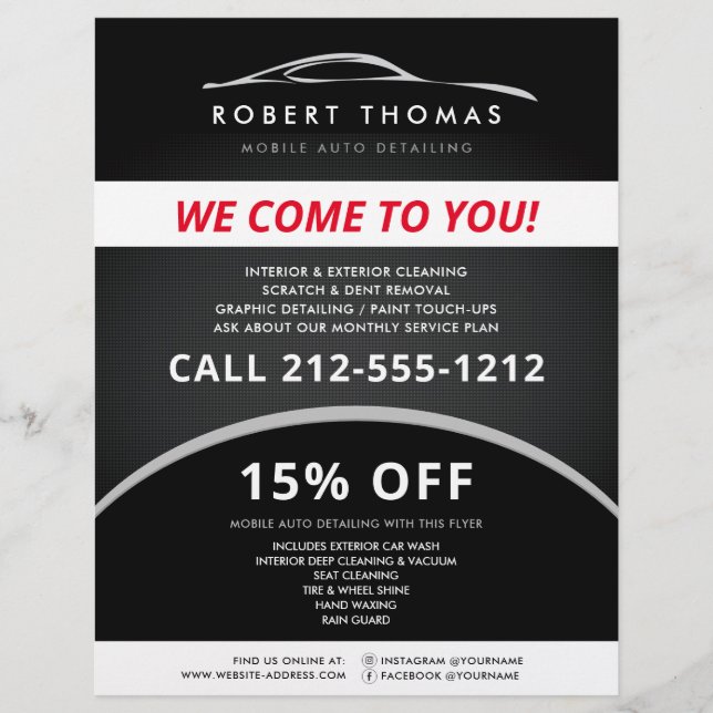 Flyer Detalleo de Autos Negro, Reparación de Autos, Foll (Frente)