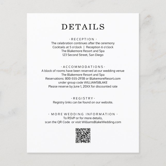 Flyer Detalles de la boda con código QR del presupuesto (Frente)