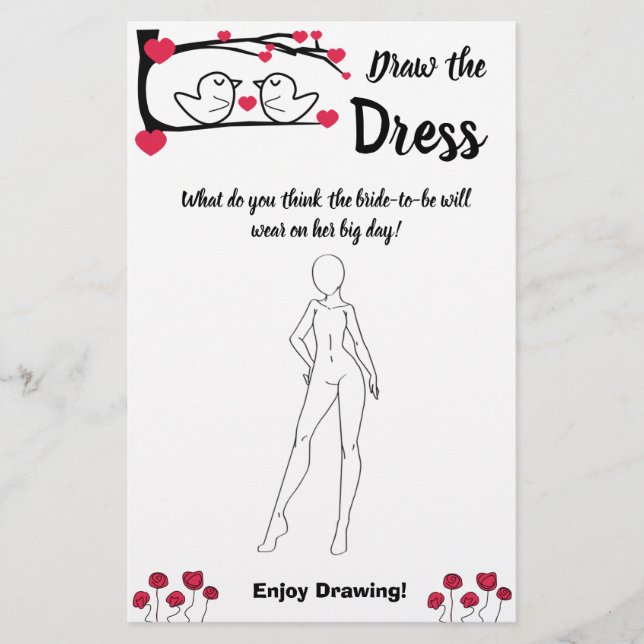 Flyer Dibujar el vestido Bridal Shower Game Card Love Bi (Frente)