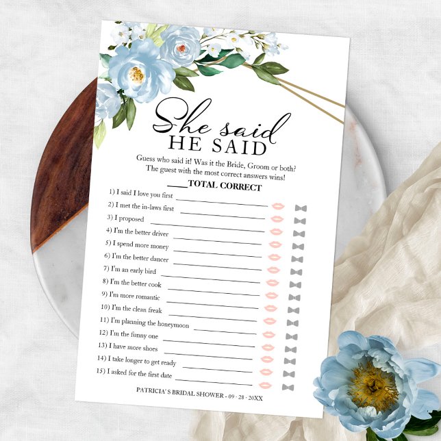 Flyer Dijo Que Dijo Juego Dusty Blue Bridal Shower (Subido por el creador)