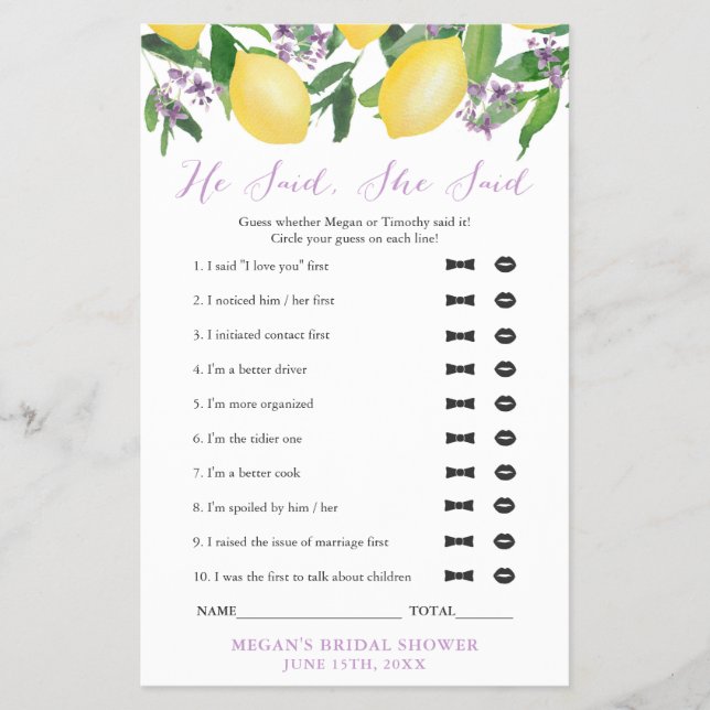 Flyer Dijo Que Dijo Que Boda Ducha Hielo Breaker Juego (Frente)