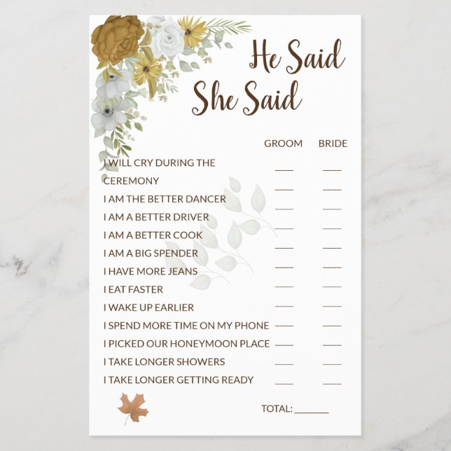 Flyer Dijo Que Dijo Que Boho Autumt Bridal Shower Game F (Frente)