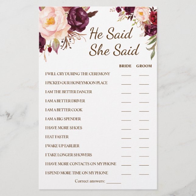 Flyer Dijo Que Dijo Que Marsala Ducha Pareja Tarjeta De  (Frente)