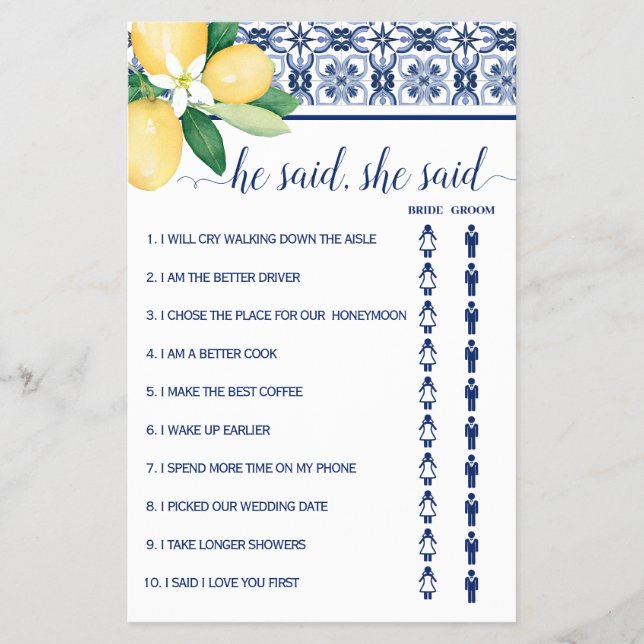 Flyer Dijo que dijo: Tarjeta de juego de ducha mediterrá (Frente)