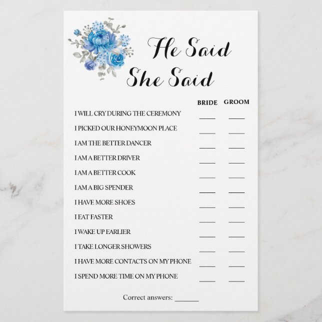 Flyer Dijo Que Dijo Tarjeta De Juego De Ducha Pareja (Frente)