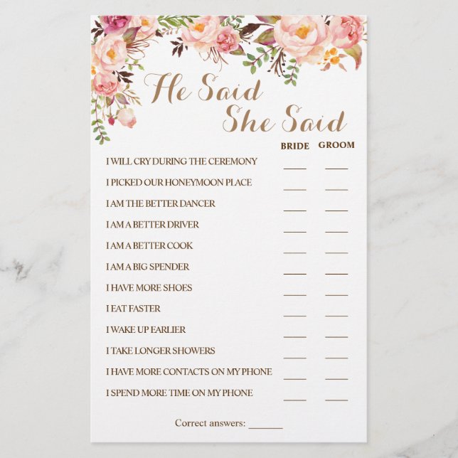 Flyer Dijo Que Dijo Una Tarjeta De Juego De Ducha Pareja (Frente)