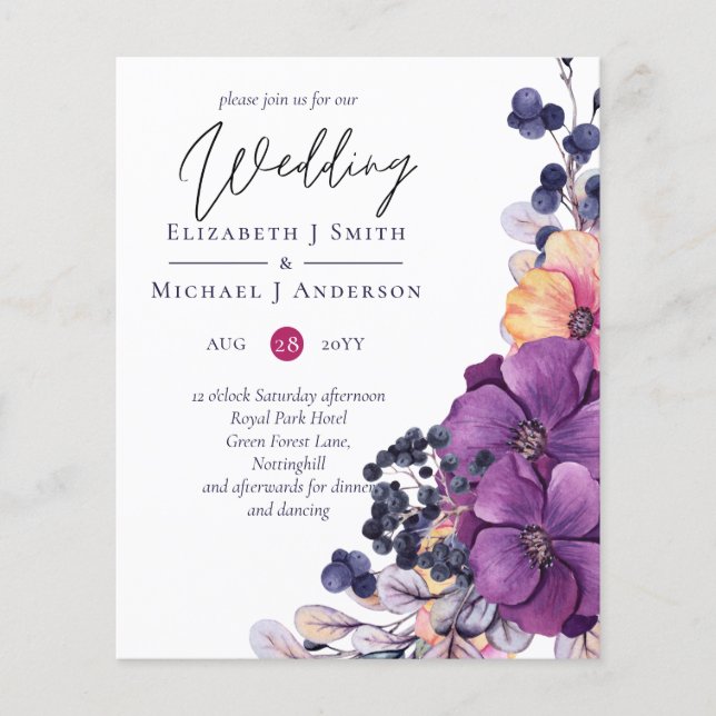 Flyer Dinastía Púrpura Boda Presupuestaria Floral Oscura (Frente)