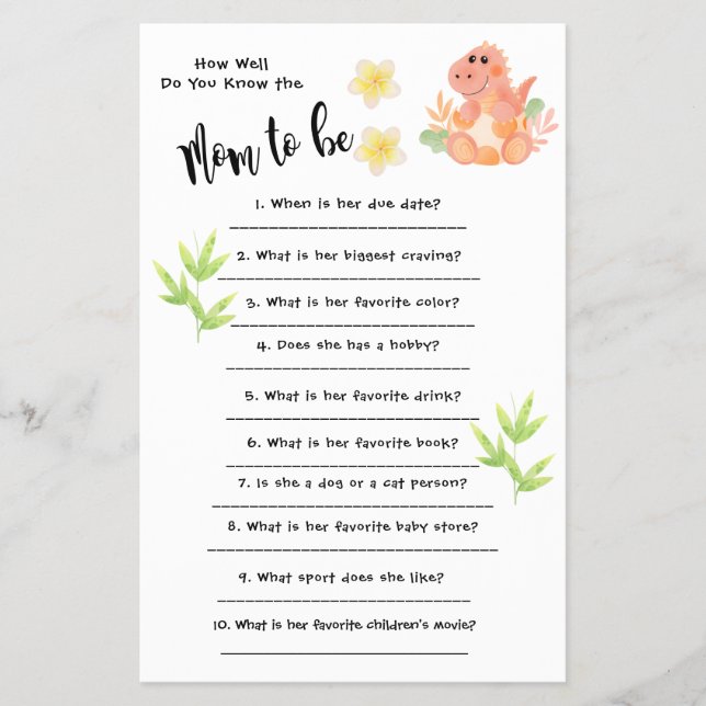 Flyer Dinosaurio Baby Shower ¿Qué tan bien sabes la tarj (Frente)