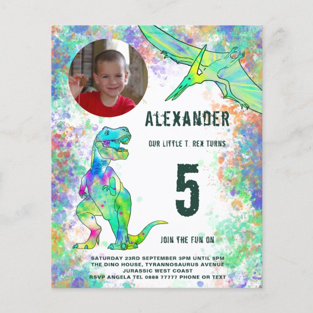 Flyer Dinosaurio Partido de Cumpleaños Presupuesto Moder (Frente)