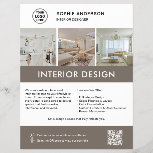 Flyer Diseñador de interiores moderno Marketing Blanco T (Frente)