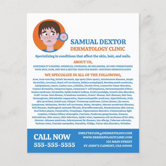 Flyer Diseño acné, dermatólogo, clínica dermatológica (Frente)