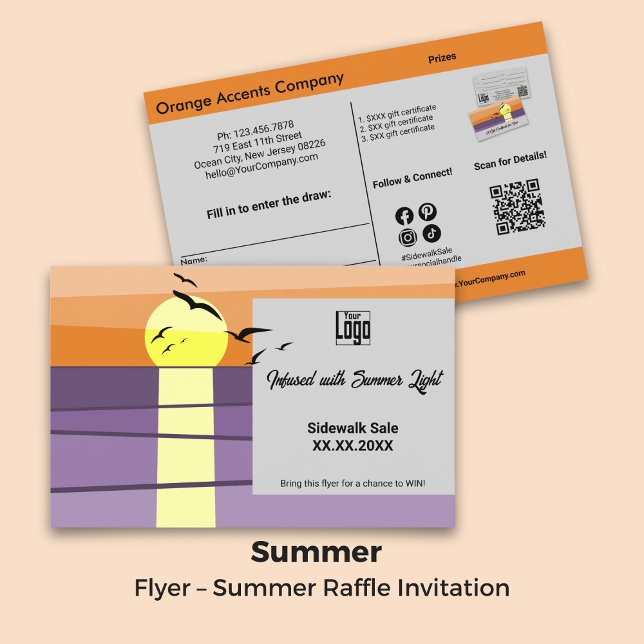 Flyer Diseño de atardecer ・ Verano de doble cara ・ Raffl (Sunset Design · Dual-Sided Summer · Raffle Promo Flyer)