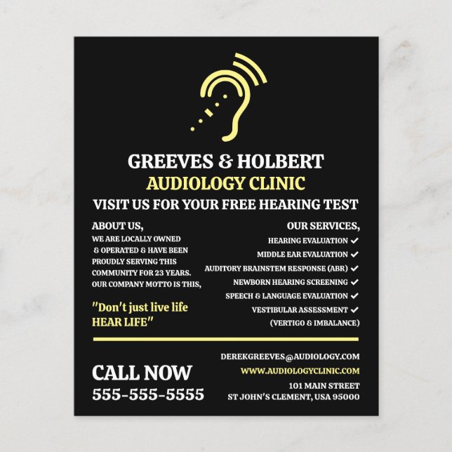 Flyer Diseño de Ayuda Auditiva, Audiólogo, Clínica Audio (Frente)