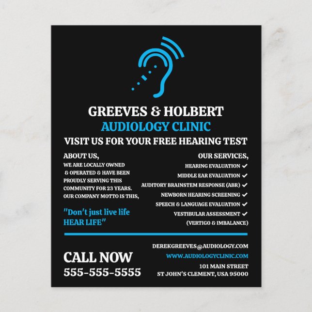 Flyer Diseño de Ayuda Auditiva, Audiólogo, Clínica Audio (Frente)