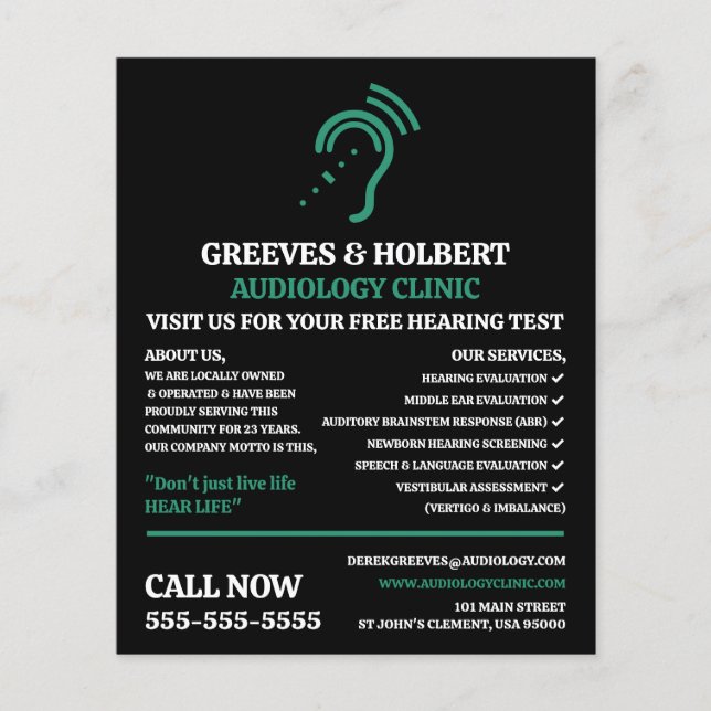 Flyer Diseño de Ayuda Auditiva, Audiólogo, Clínica Audio (Frente)