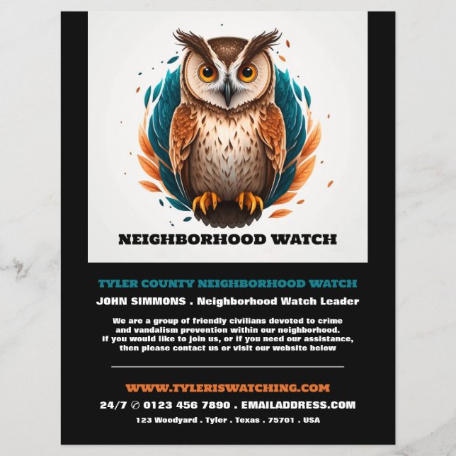 Flyer Diseño de lechuza, Anuncio de vigilancia comunitar (Frente)