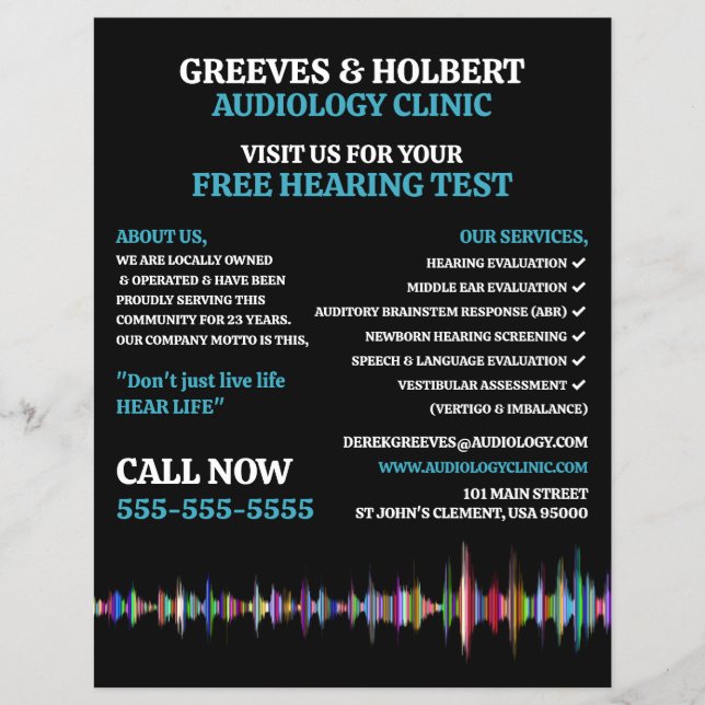 Flyer Diseño de ondas sonoras, Audiólogo, Audiología Clí (Frente)