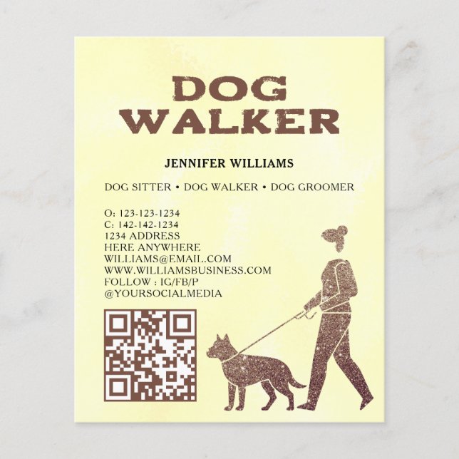 Flyer Dog Walker Faux Gold Purpurina QR Code Mascota Ser (Frente)