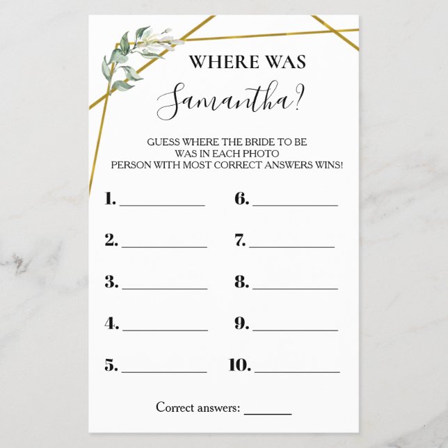 Flyer ¿Dónde estaba la tarjeta de juego Bride Greenery G (Frente)