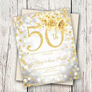 Flyer Dorado Floral 50.ª luz de cumpleaños Invitación Pl