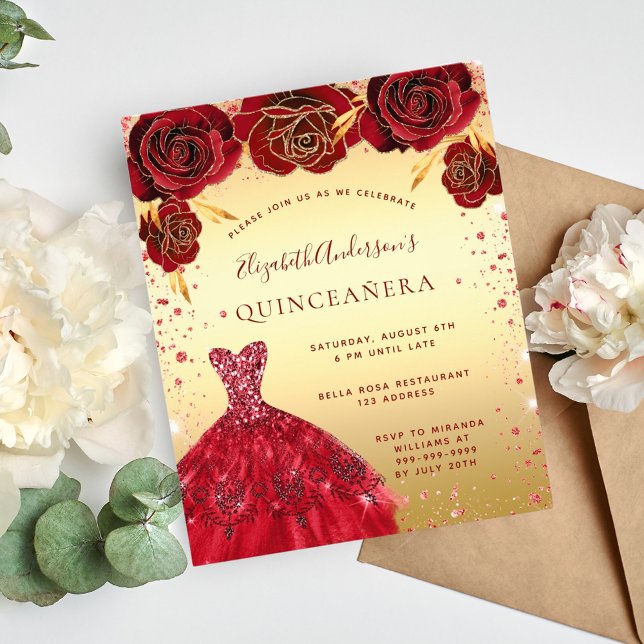 Flyer Dress de quinceañera dorado rojo con brillo floral (Subido por el creador)