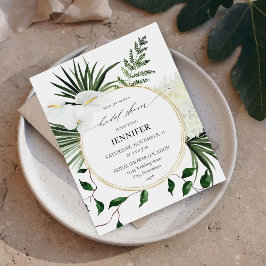 Flyer Ducha de novia floral de color blanco y palmas tro