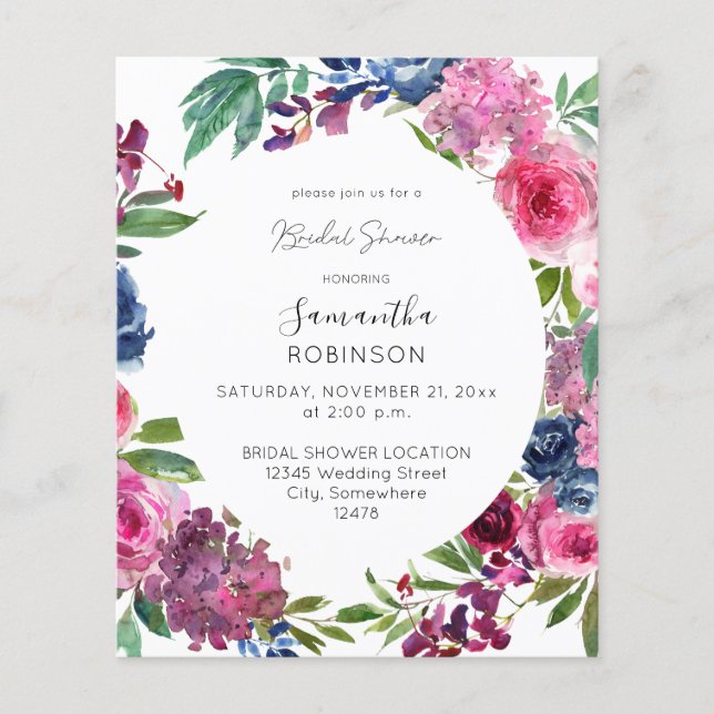 Flyer Ducha de novia floral floral azul blanca y rosa ca (Frente)