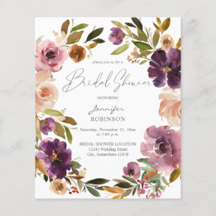 Flyer Ducha de novia floral rosa púrpura y Rubor