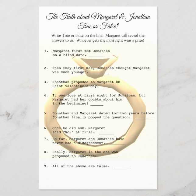 Flyer Ducha de novia juego verdadero o falso (Frente)