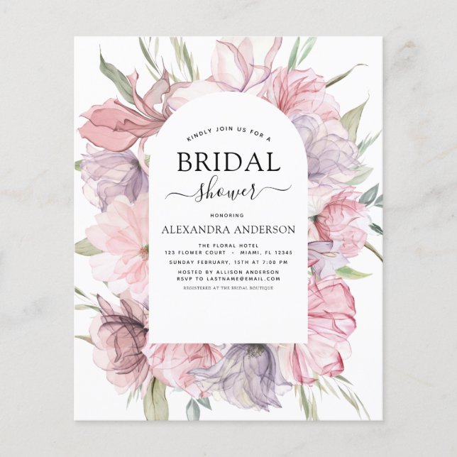 Flyer Ducha de novia púrpura rosada del Boho de presupue (Frente)