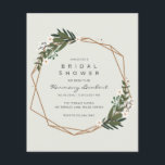 Flyer Ducha de novias con presupuesto para la vegetación<br><div class="desc">Volante moderno de invitación a la ducha de novia con presupuesto boho con los detalles de tu evento dentro de un marco geométrico dorado rodeado de vegetación y flores blancas. Un diseño botánico perfecto para una celebración bohemia en verano. Estas invitaciones baratas a la ducha de novias se imprimen en...</div>